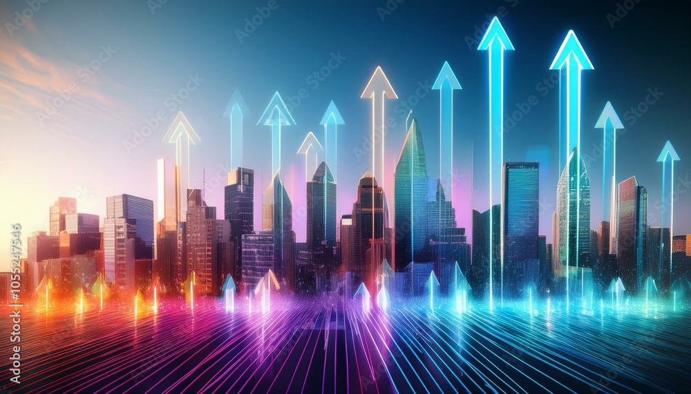 Abstract technology-driven growth, with vibrant digital arrows rising through geometric city business concept Abstract technology-driven growth, with vibrant digital arrows rising through geometric city business concept