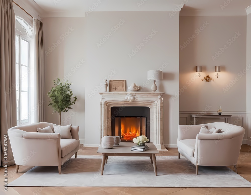 Elegant living room with a cozy fireplace in well-lit area neutral colors, modern furnishings Elegant living room with a cozy fireplace in well-lit area neutral colors, modern furnishings