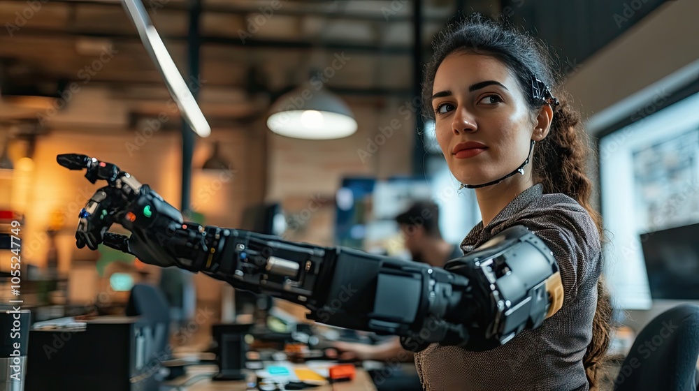 Young Woman With Prosthetic Arm Reaching Out in Office Setting Young Woman With Prosthetic Arm Reaching Out in Office Setting