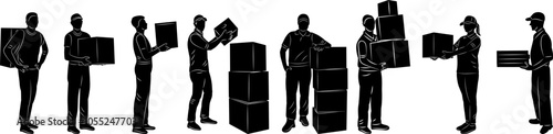 set people holding boxes black silhouette, vector