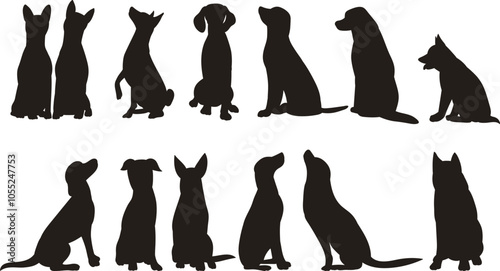 set of dogs sitting black silhouette, vector