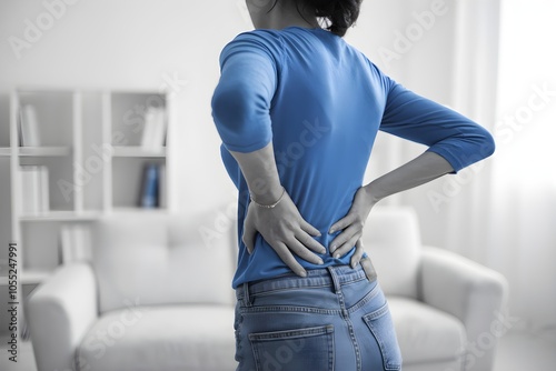 Woman in Blue Top Holds Lower Back, Suggesting Discomfort in Bright Room photo