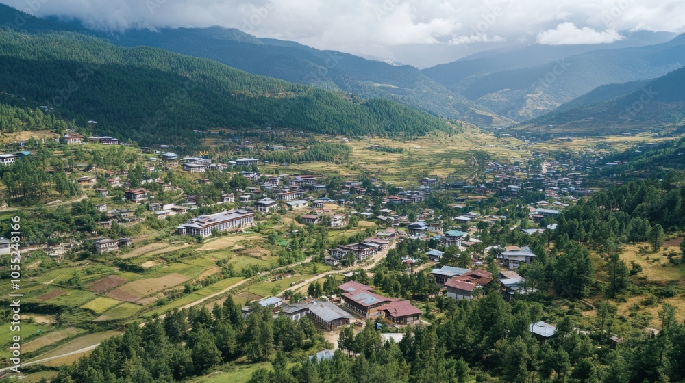 An aerial view of Thimphu, Bhutan s capital, with a mix of traditional architecture An aerial view of Thimphu, Bhutan s capital, with a mix of traditional architecture