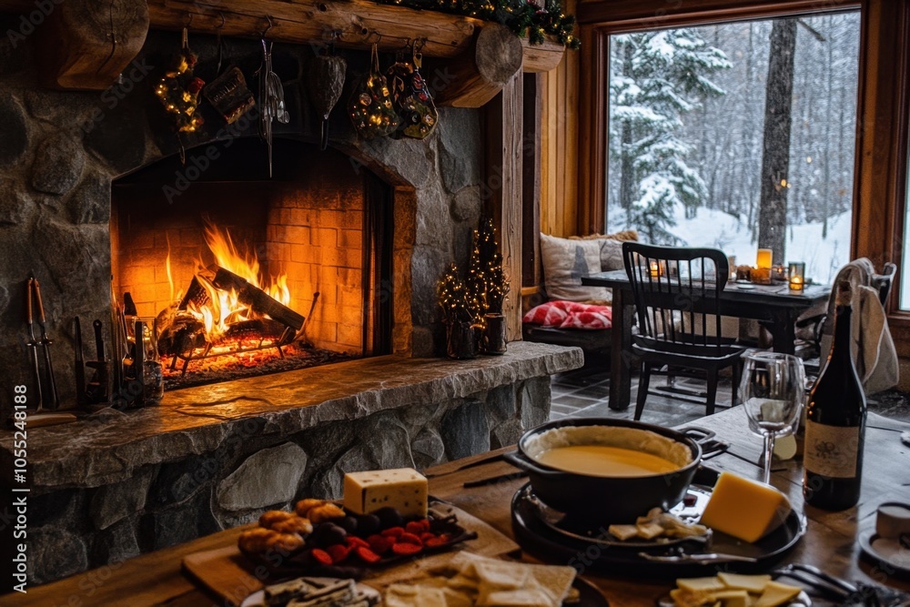 A rustic mountain chalet with a cozy fireplace, cheese fondue, and a selection of cheeses, create warm inviting atmosphere for a winter retreat and highlight comfort and enjoyment of hearty meal. A rustic mountain chalet with a cozy fireplace, cheese fondue, and a selection of cheeses, create warm inviting atmosphere for a winter retreat and highlight comfort and enjoyment of hearty meal.