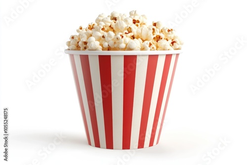 Popcorn in red and white striped cardboard bucket isolated on white background