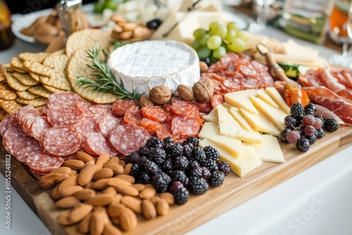 A sophisticated cheese and charcuterie board set up for a party, with assorted cheeses, cured meats, fruits, nuts, and crackers, artistically arranged, capturing the essence of gourmet entertaining.