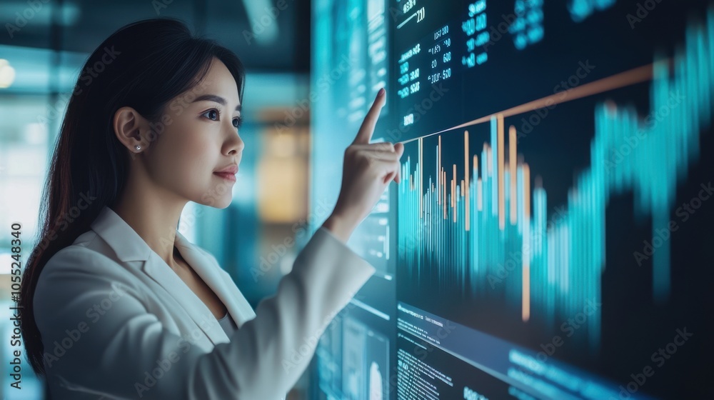 An Asian businesswoman pointing to a bar chart on a large screen while explaining the An Asian businesswoman pointing to a bar chart on a large screen while explaining the