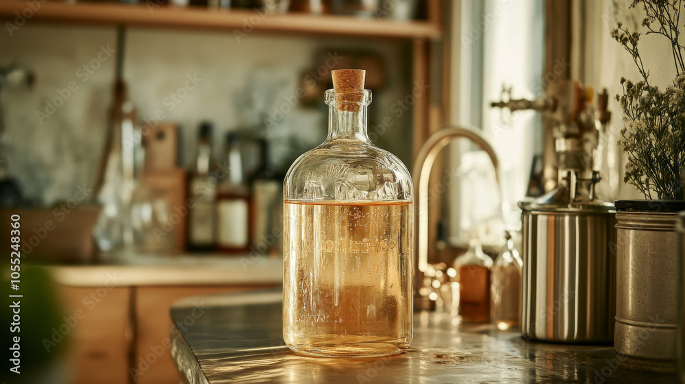 Rustic Kitchen Glass Bottle with Amber Liquid Rustic Kitchen Glass Bottle with Amber Liquid