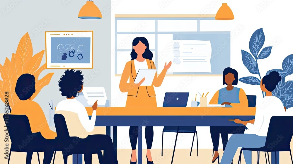 Businesswoman presenting a project to her team in an office meeting Businesswoman presenting a project to her team in an office meeting