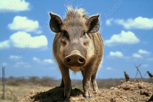 Warthog in African Safari: Common African Mammal Stands on Mound in Tanzania