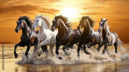 stampede of 7 colored majestic horses running through low water on a beach during a sunset, black and white 