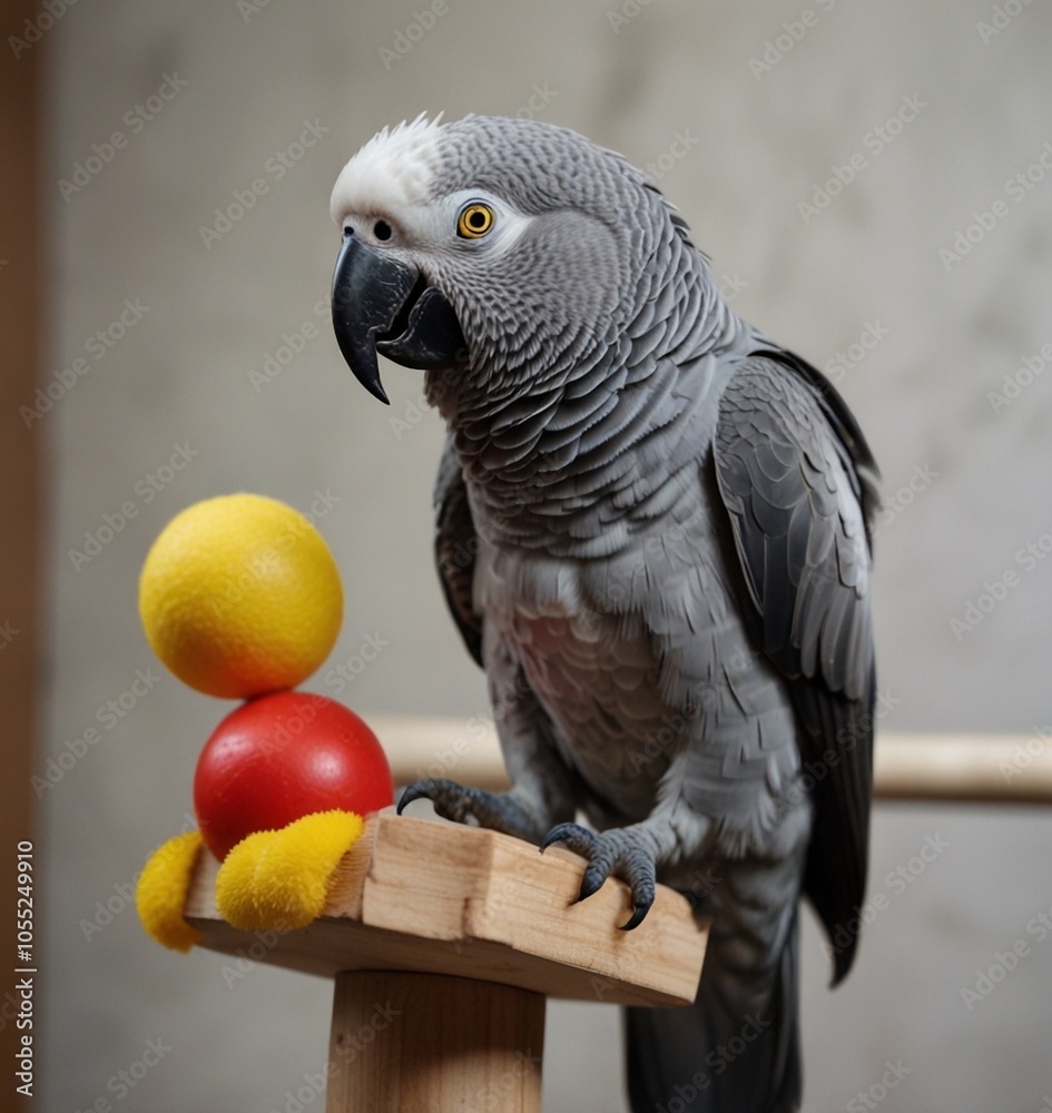 Fototapeta premium domestic gray parrot plays with toys sitting on a perch ai generate