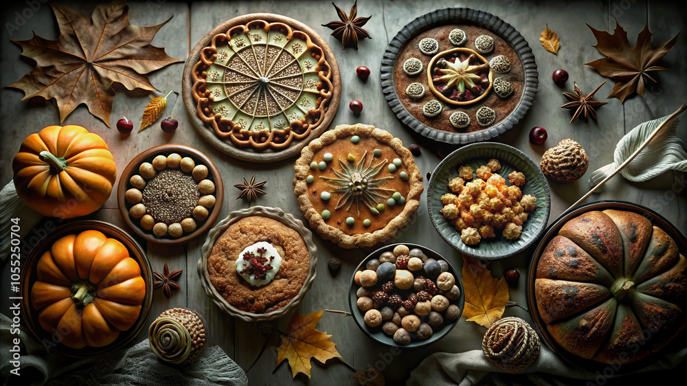 Gothic Castle with Golden Ratio Pies for Halloween and Thanksgiving, Haunted Mansion Scene, Top View, Autumn Flat Lay Gothic Castle with Golden Ratio Pies for Halloween and Thanksgiving, Haunted Mansion Scene, Top View, Autumn Flat Lay