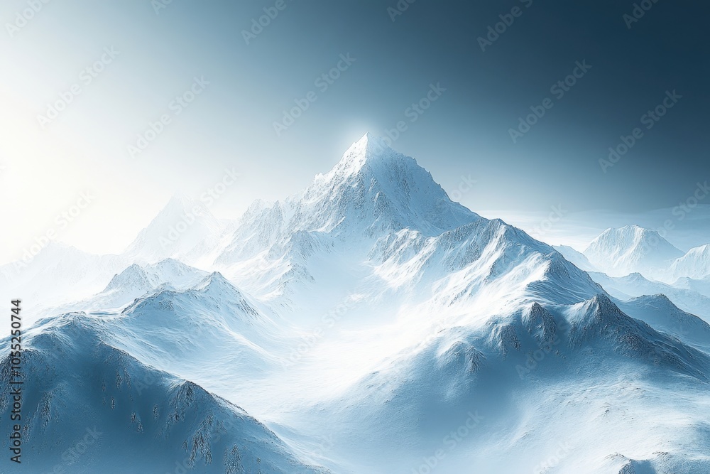 Snow-covered mountain peak glows under bright sky in a winter landscape at sunrise Snow-covered mountain peak glows under bright sky in a winter landscape at sunrise