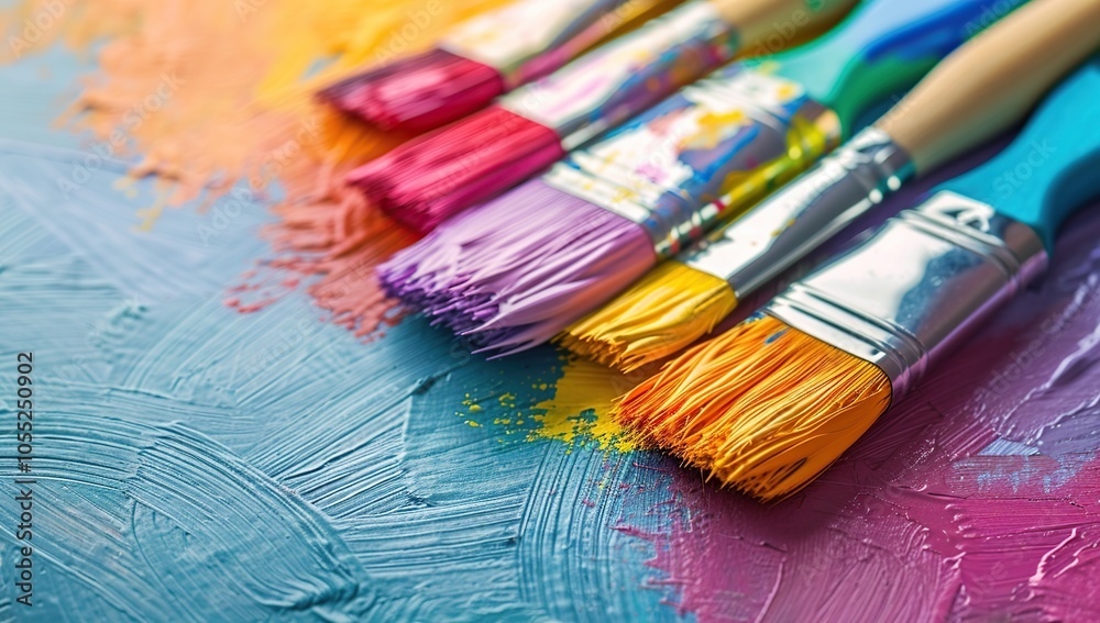 Fototapeta premium Close Up of Paintbrushes on a Colorful Canvas