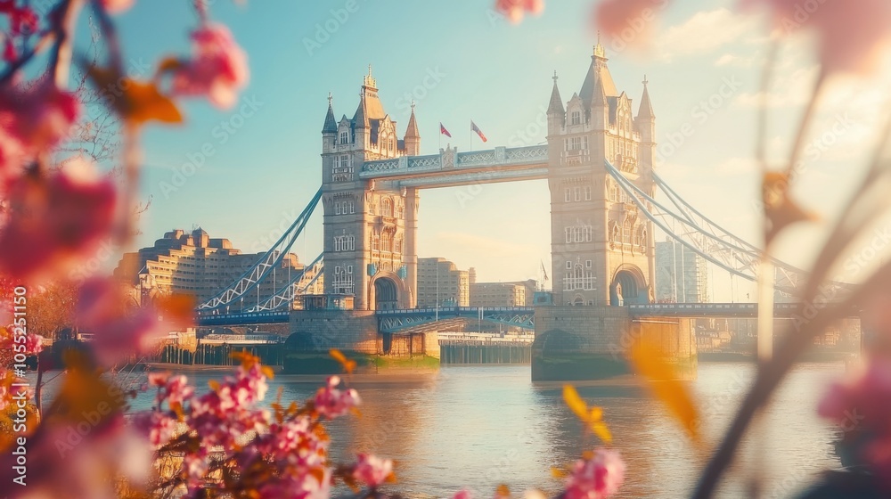 Obraz premium The iconic Tower Bridge framed by blooming spring flowers along the Thames Path