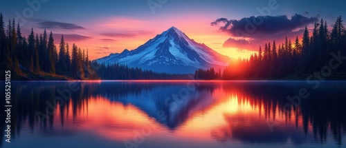 Mountain silhouette mirrored in tranquil lake at dusk, vibrant sky hues creating a serene and captivating landscape scene photo
