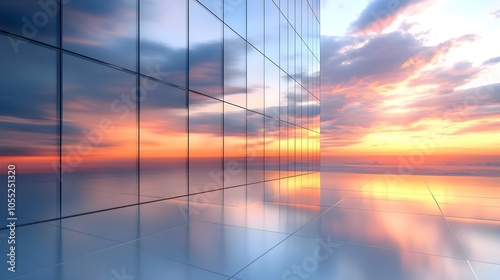 Skyscraper reflecting sunset background. 3d abstract architecture design of modern contemporary luxury building converging glass and steel. Perspective view landscape. Hi-tech sustainable architect.