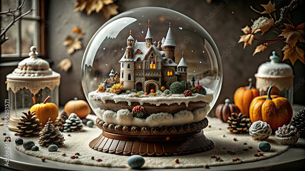 Fototapeta premium Autumn Halloween Cake with Ghost Meringue, Golden Ratio Snow Globe, Festive Thanksgiving Sweets, Copy Space for Text