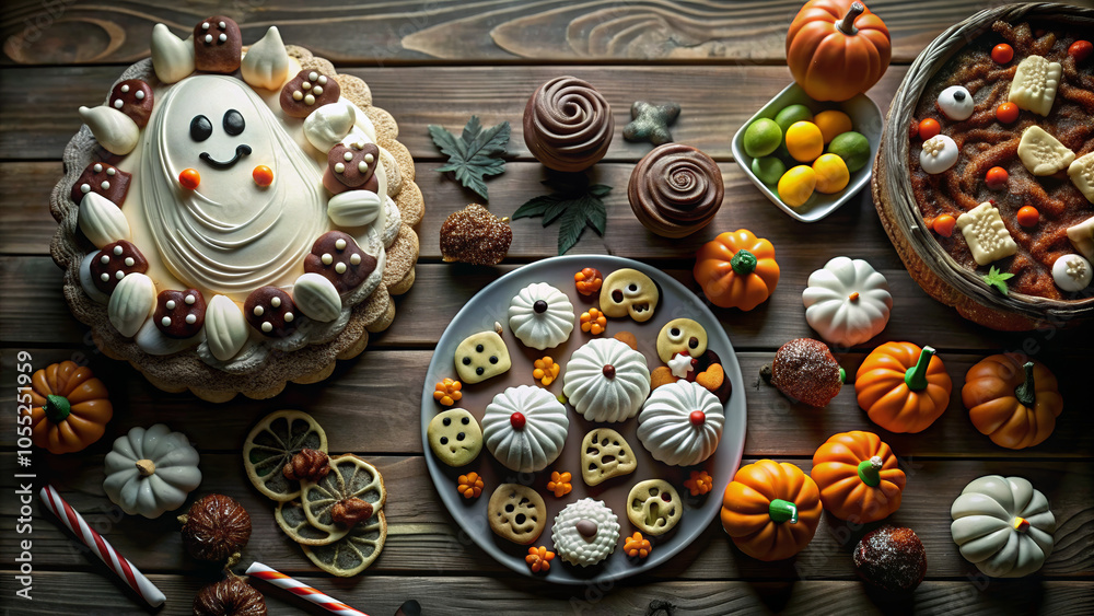 Halloween Sweets and Decorations on Wooden Table, Top View with Copy Space for Text, Perfect for Party and Autumn Celebrations Halloween Sweets and Decorations on Wooden Table, Top View with Copy Space for Text, Perfect for Party and Autumn Celebrations