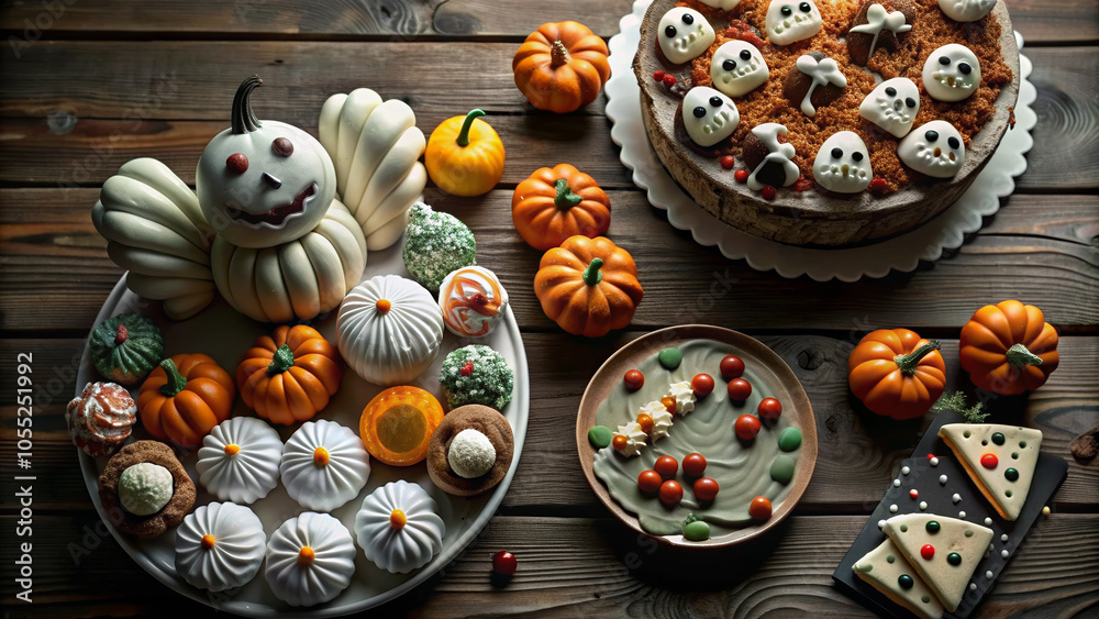 Fototapeta premium Halloween Candy Bar and Decorations on Wooden Table, Top View with Copy Space, Traditional Autumn Treats for Halloween and Thanksgiving Party