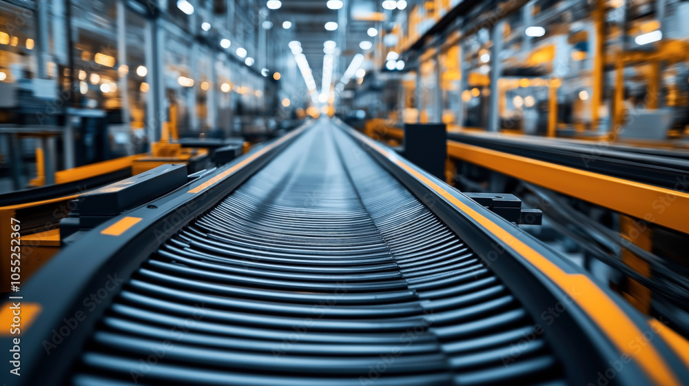 Long industrial conveyor belt in a modern automated factory setting with bright lighting and orange accents, highlighting manufacturing and production process technology. Long industrial conveyor belt in a modern automated factory setting with bright lighting and orange accents, highlighting manufacturing and production process technology.