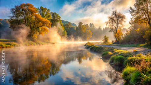 Wallpaper Mural sunrise over the river. water, lake, landscape, autumn, nature, river, sky, tree, reflection, trees, fall, forest, blue, pond, clouds, grass, yellow, spring, green, colorful, wood, beautiful, beauty,  Torontodigital.ca