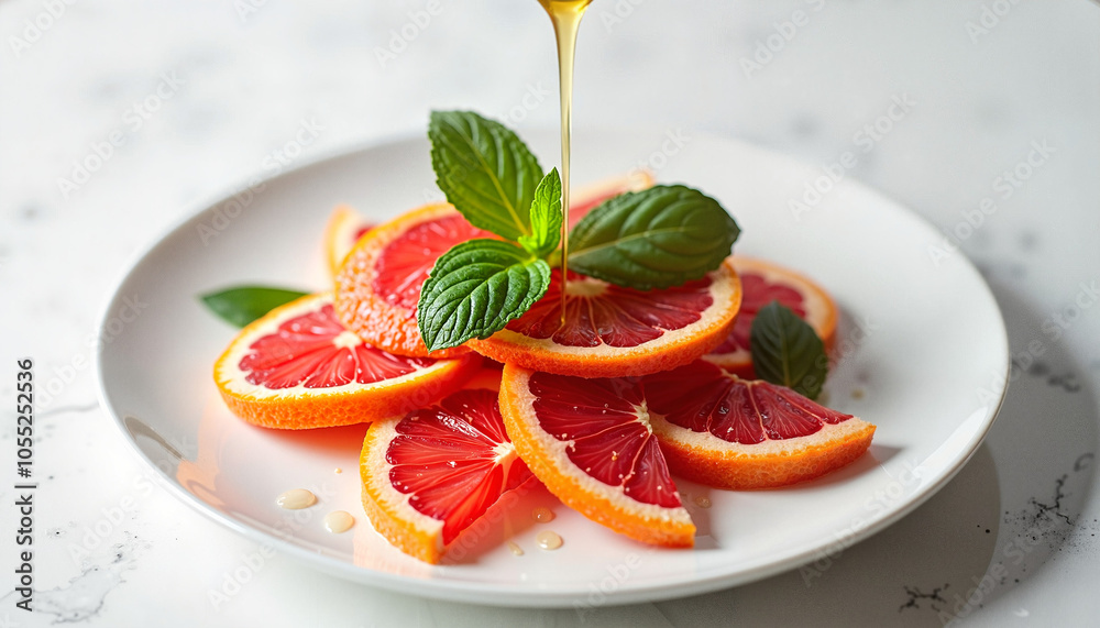 Fresh blood orange segments garnished with mint leaves and drizzled with honey on white plate
Fresh blood orange segments garnished with mint leaves and drizzled with honey on white plate