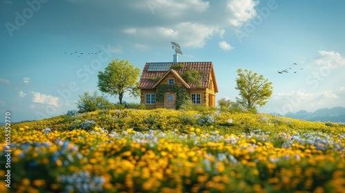 A miniature wooden house in the grass, moss on a sunny day. Eco-house. The concept of green and environmentally friendly housing