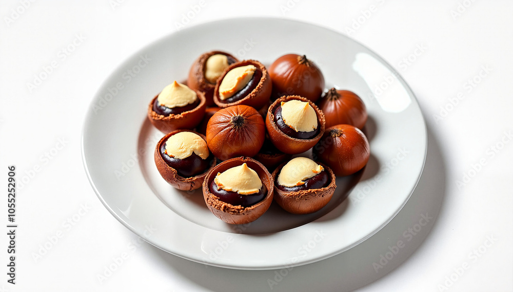Fototapeta premium Plate of roasted chestnuts with creamy filling on white background for culinary presentation 