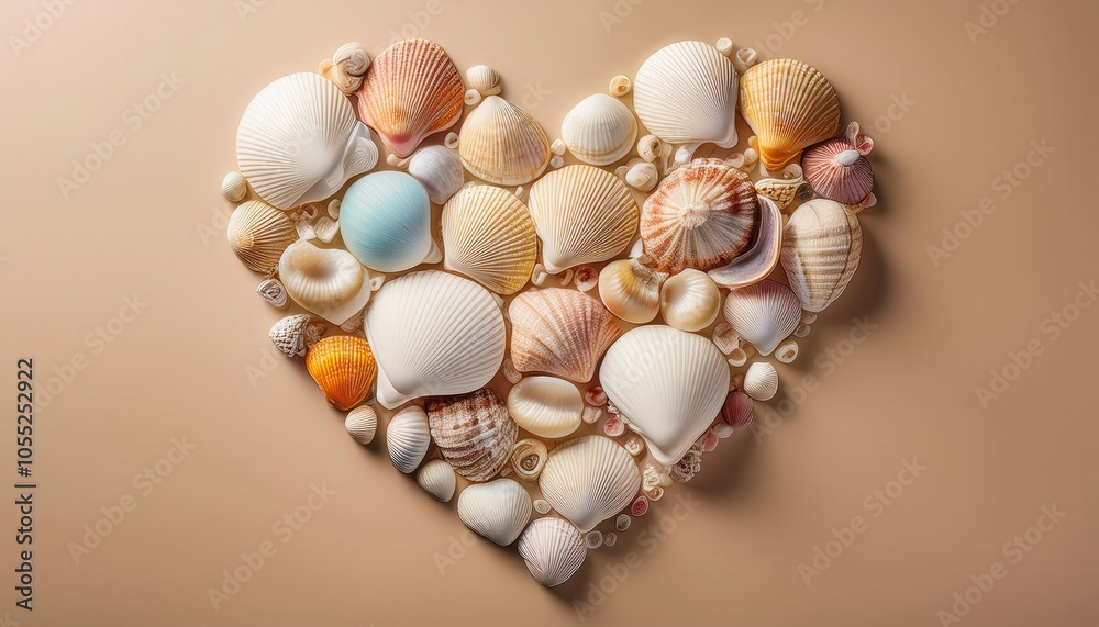 Obraz premium Heart Shaped Seashell and Coral Composition on Sandy Background Symbolizing Ocean Conservation, Coastal Cleanliness, and Marine Biodiversity Protection Against Pollution and Environmental Degradation