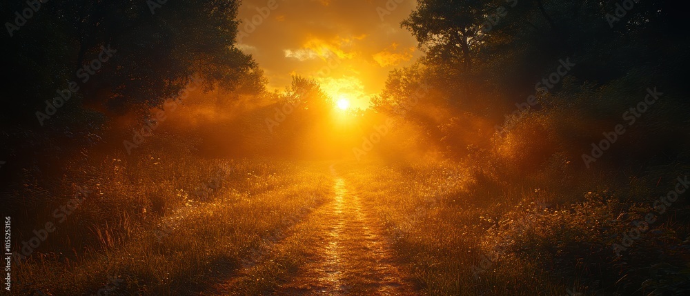 Naklejka premium Forest Path at Sunset, a tranquil scene where a winding trail disappears into shadowy trees under a vibrant sunset sky, evoking serenity and adventure