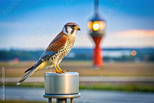 American Kestrel perched on taxiway light at airport in extreme close-up photo