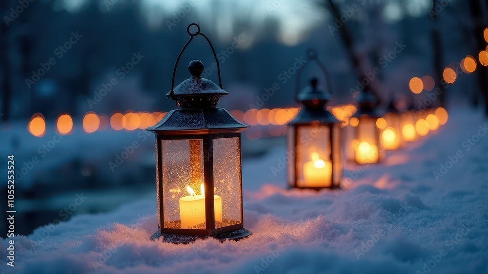 Lanterns line a snowy path, softly glowing with warm light, casting a serene ambiance in the winter landscape, under a calm, dusky sky. Lanterns line a snowy path, softly glowing with warm light, casting a serene ambiance in the winter landscape, under a calm, dusky sky.