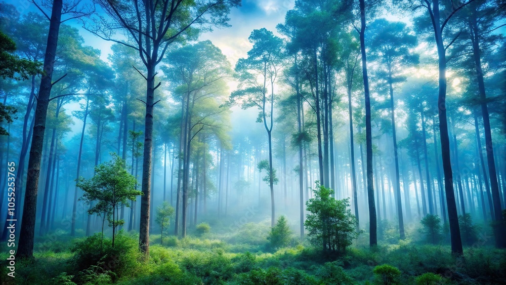 Obraz premium A misty forest with tall trees and overgrown foliage under a soft light blue sky, serenity, landscape, solitude