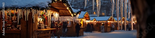 Glowing icicle lights hanging from snow-dusted wooden stalls at Basela??s Barf??sserplatz during the annual Christmas fair photo