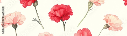 Delicate watercolor carnations in soft pink and red tones, floating on a light cream background, seamless pattern