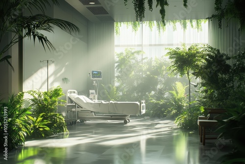 Healing atmosphere in a hospital room filled with lush greenery and soft sunlight during daytime photo