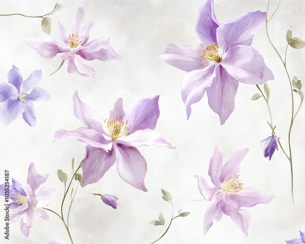 Delicate watercolor columbines in soft pinks and purples, arranged gently on a light gray background, seamless design Delicate watercolor columbines in soft pinks and purples, arranged gently on a light gray background, seamless design