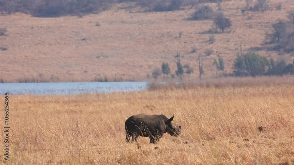 Muddy White Rhino walk to Rhino Calf at water wide shot