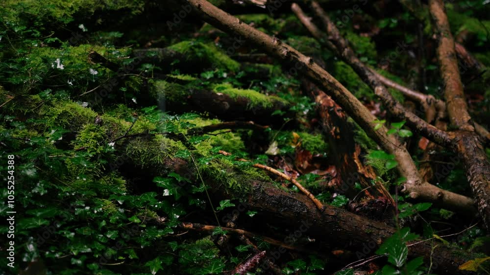 Ivy and moss covered forest ground hit by heavy rain Ivy and moss covered forest ground hit by heavy rain