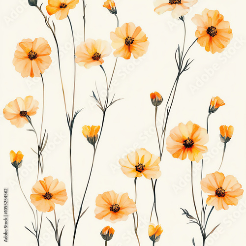 Delicate watercolor marigolds in soft orange and yellow tones, arranged on a pale background, minimalist and seamless