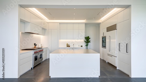 a white minimalist kitchen with a seamless island, recessed lighting, and clean cabinetry.