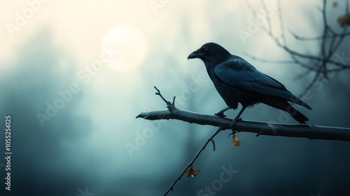 Raven perched on a branch during a foggy sunrise or sunset, with bare trees and a bright sky in the background, creating a serene and mysterious atmosphere.