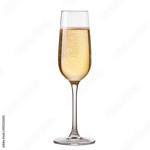 Champagne glass filled with bubbly drink, white isolate background transparent background