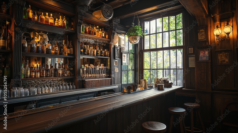 the counter bar in a cosy old english or irish pub with lots of whisky bottles in the background the counter bar in a cosy old english or irish pub with lots of whisky bottles in the background