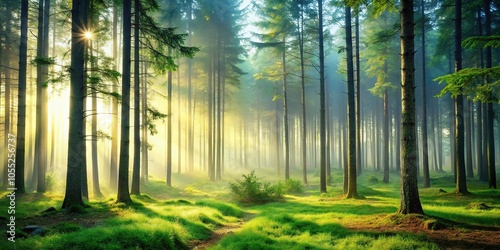 A serene forest landscape with tall trees and a misty atmosphere, branches, peaceful atmosphere