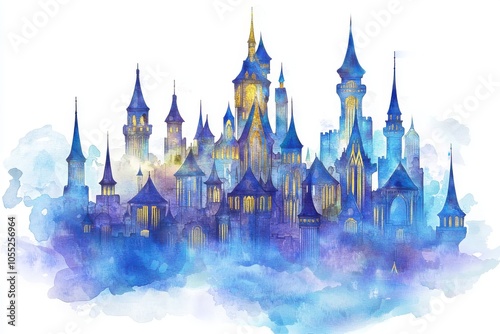 A magical watercolor castle scene with blue towers and ethereal mist, perfect for fantasy and dreamlike themes.