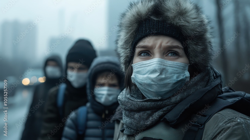 People wearing masks on a gloomy day depicting social awareness and safety.