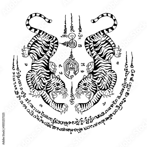 Thai traditional tattoo, two tigers (Sueu Khu). vector file for various tasks